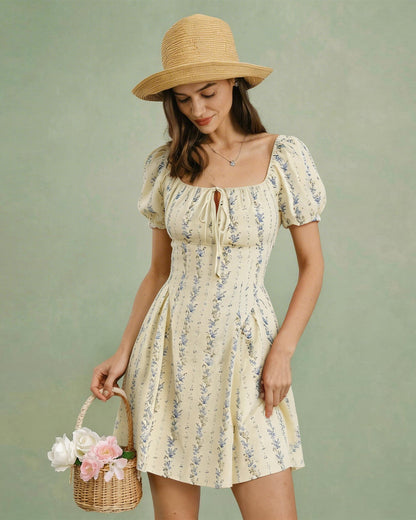 Apricot Square Neck Floral Mini Dress