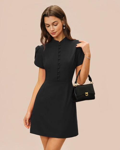 Black Mandarin Collar Petal Sleeve Mini Dress