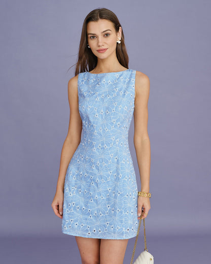 Blue Embroidery Sleeveless Mini Dress