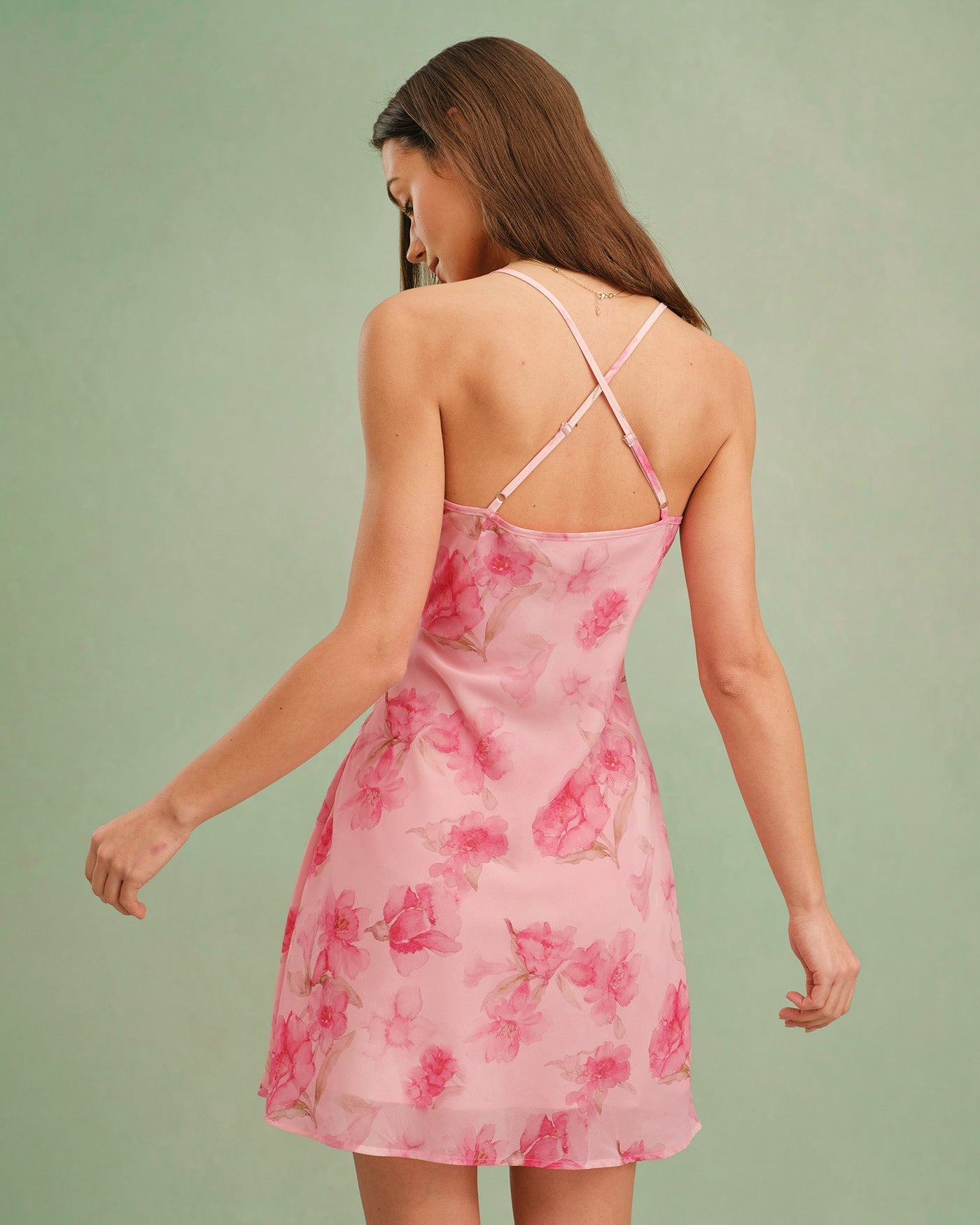 Pink Cowl Neck Floral Slip Mini Dress