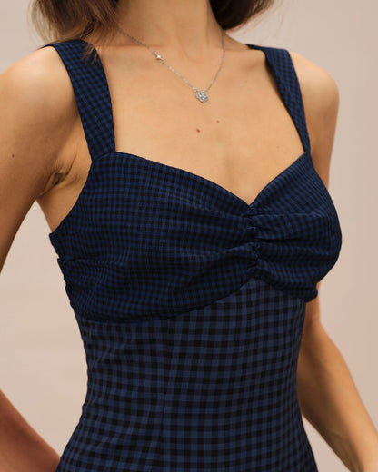 Blue Sweetheart Neck Plaid Mini Dress