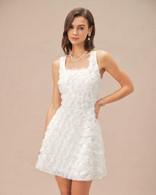 White Square Neck Floral A-Line Mini Dress