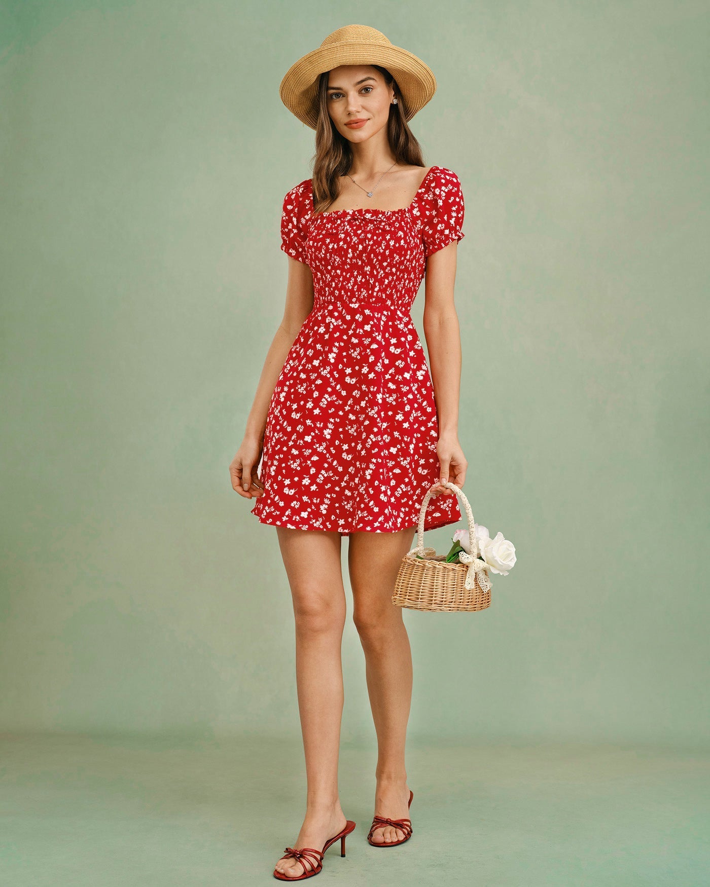 Red Square Neck Floral Mini Dress