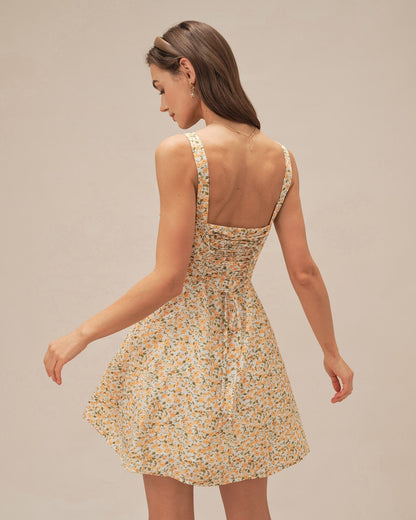 Yellow Floral Strap Mini Dress