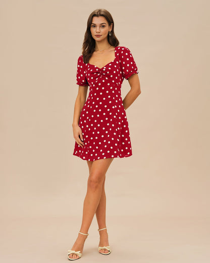 Red Puffed Sleeve Polka Dot Mini Dress
