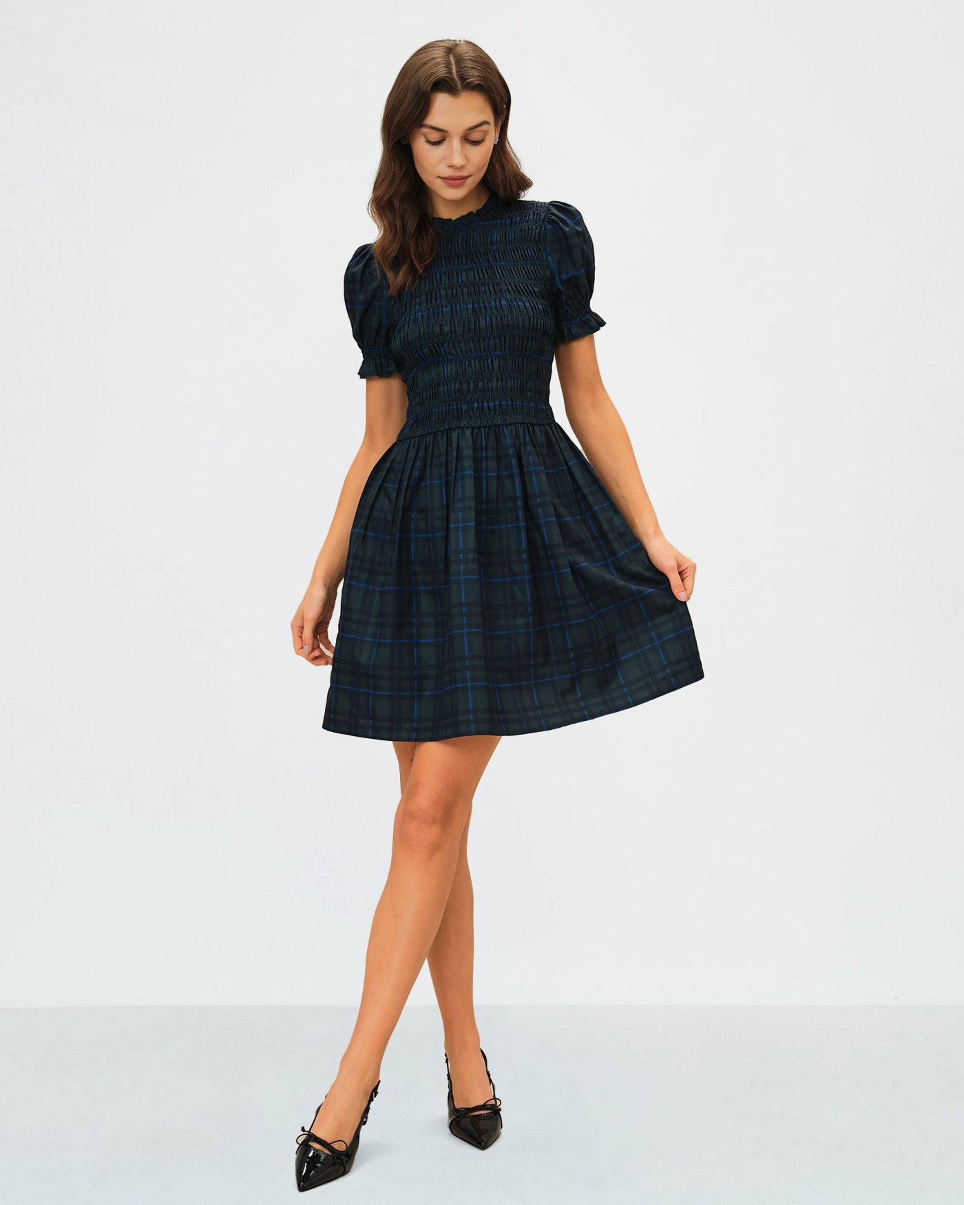 Green Plaid Puffed Sleeve Mini Dress