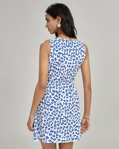 Blue V Neck Floral Mini Dress
