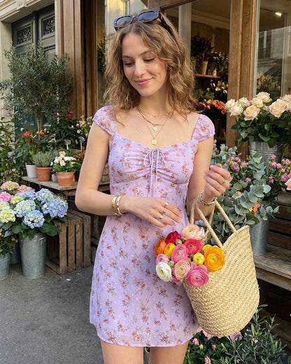 Purple Sweetheart Neck Jacquard Mini Dress