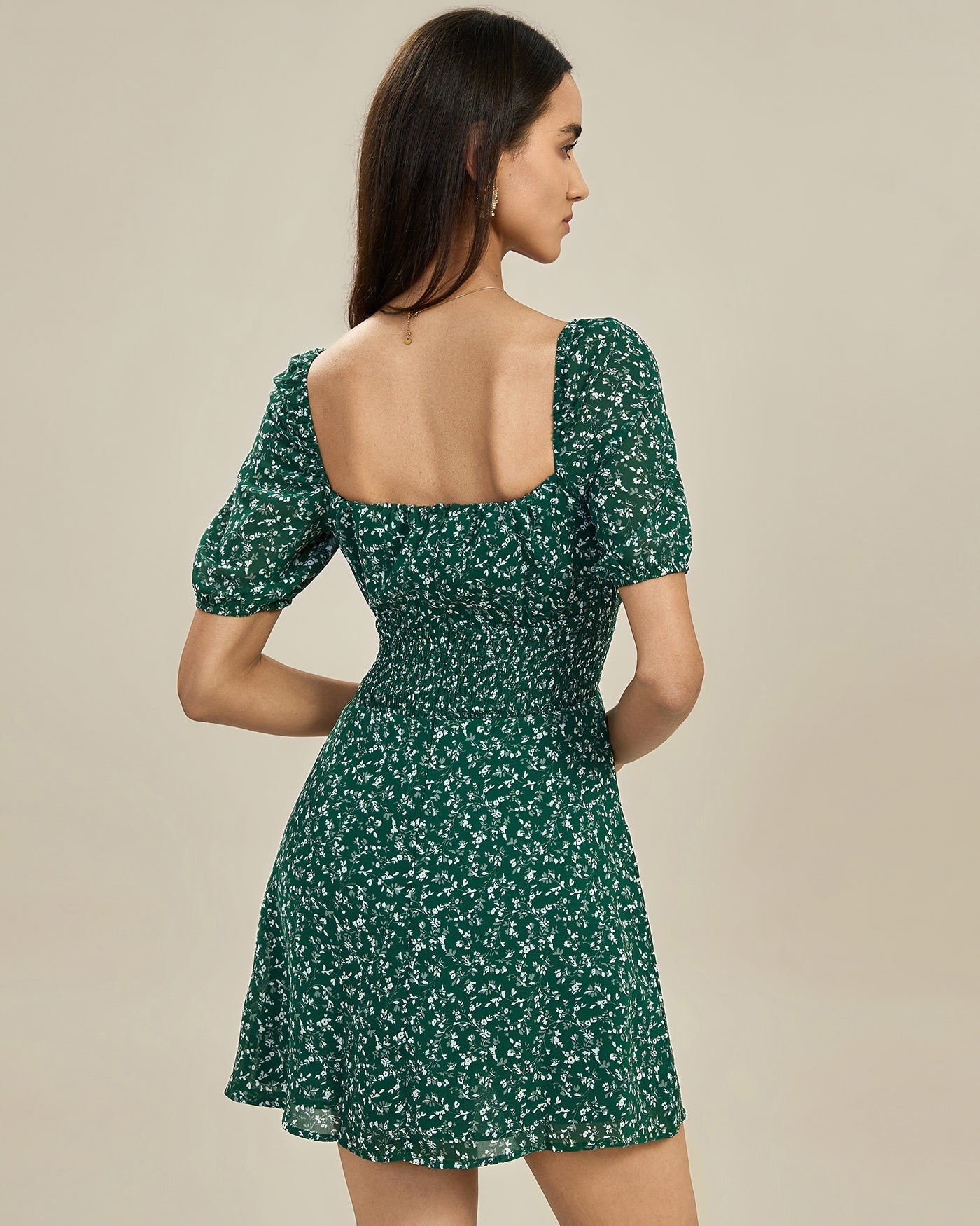 Green Square Neck Floral Mini Dress