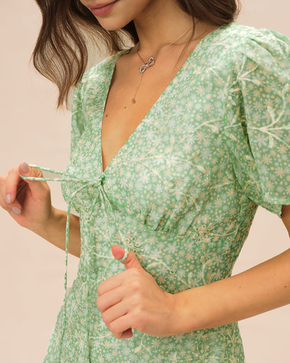 Green V Neck Floral Mini Dress