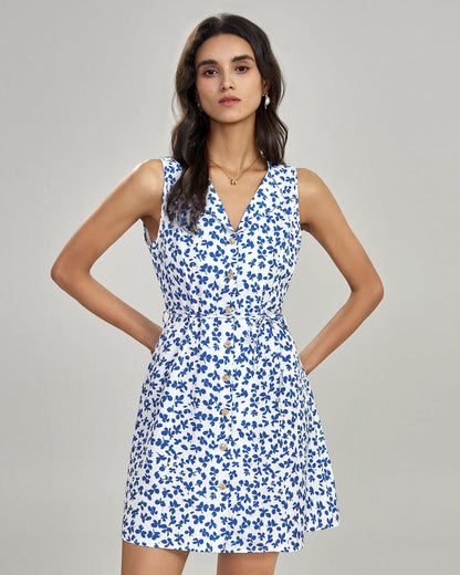 Blue V Neck Floral Mini Dress