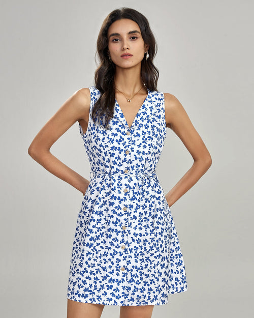 Blue V Neck Floral Mini Dress