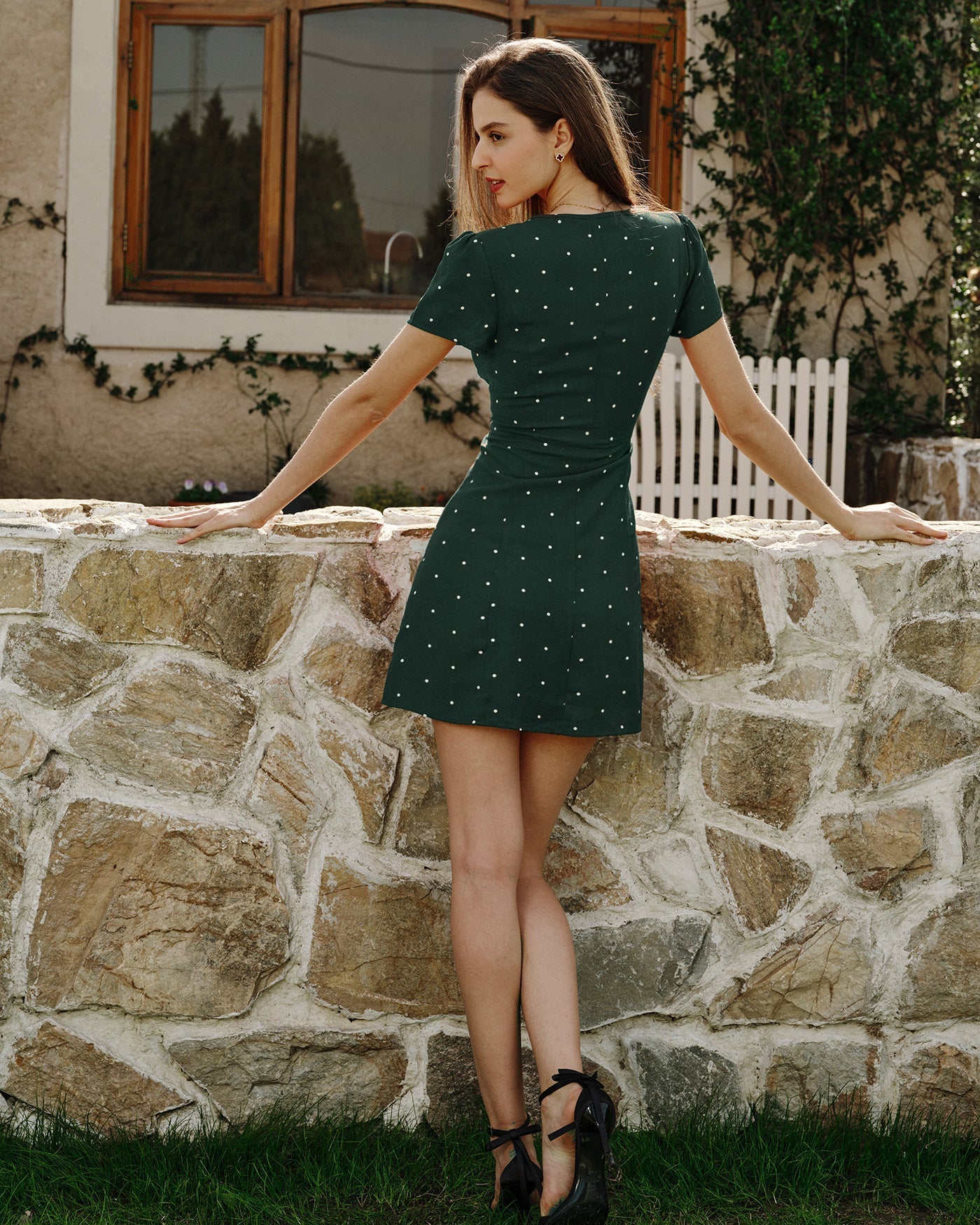 Green V Neck Polka Dot Mini Dress