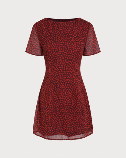 Red Boat Neck Floral Mini Dress