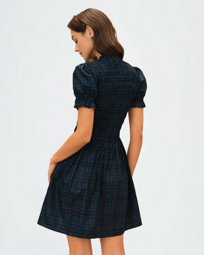 Green Plaid Puffed Sleeve Mini Dress