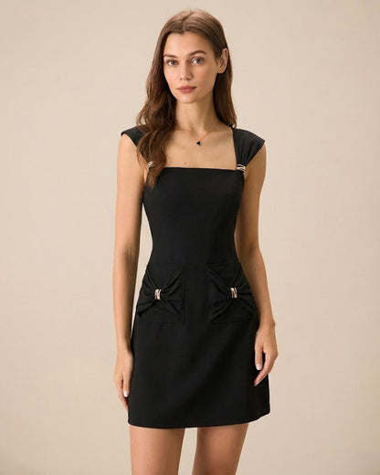 Black Square Neck Cap Sleeve Mini Dress