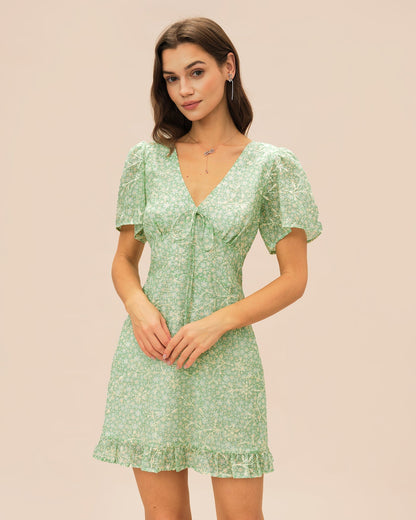 Green V Neck Floral Mini Dress