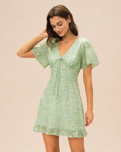 Green V Neck Floral Mini Dress