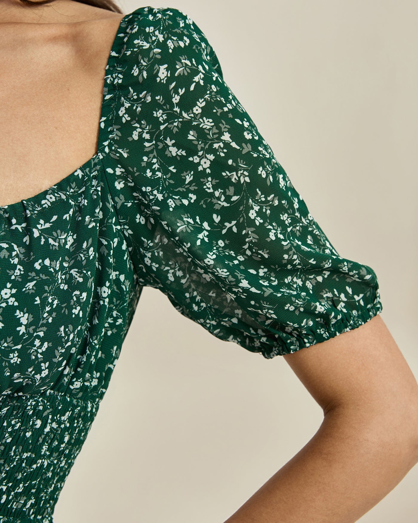 Green Square Neck Floral Mini Dress