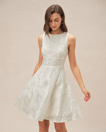 White Round Neck Jacquard Mini Dress