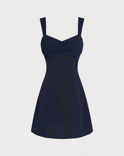 Blue Sweetheart Neck Plaid Mini Dress