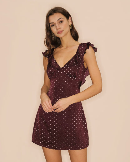 Purple V Neck Polka Dot Satin Mini Dress