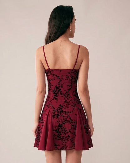 Wine Red Floral Mini Dress
