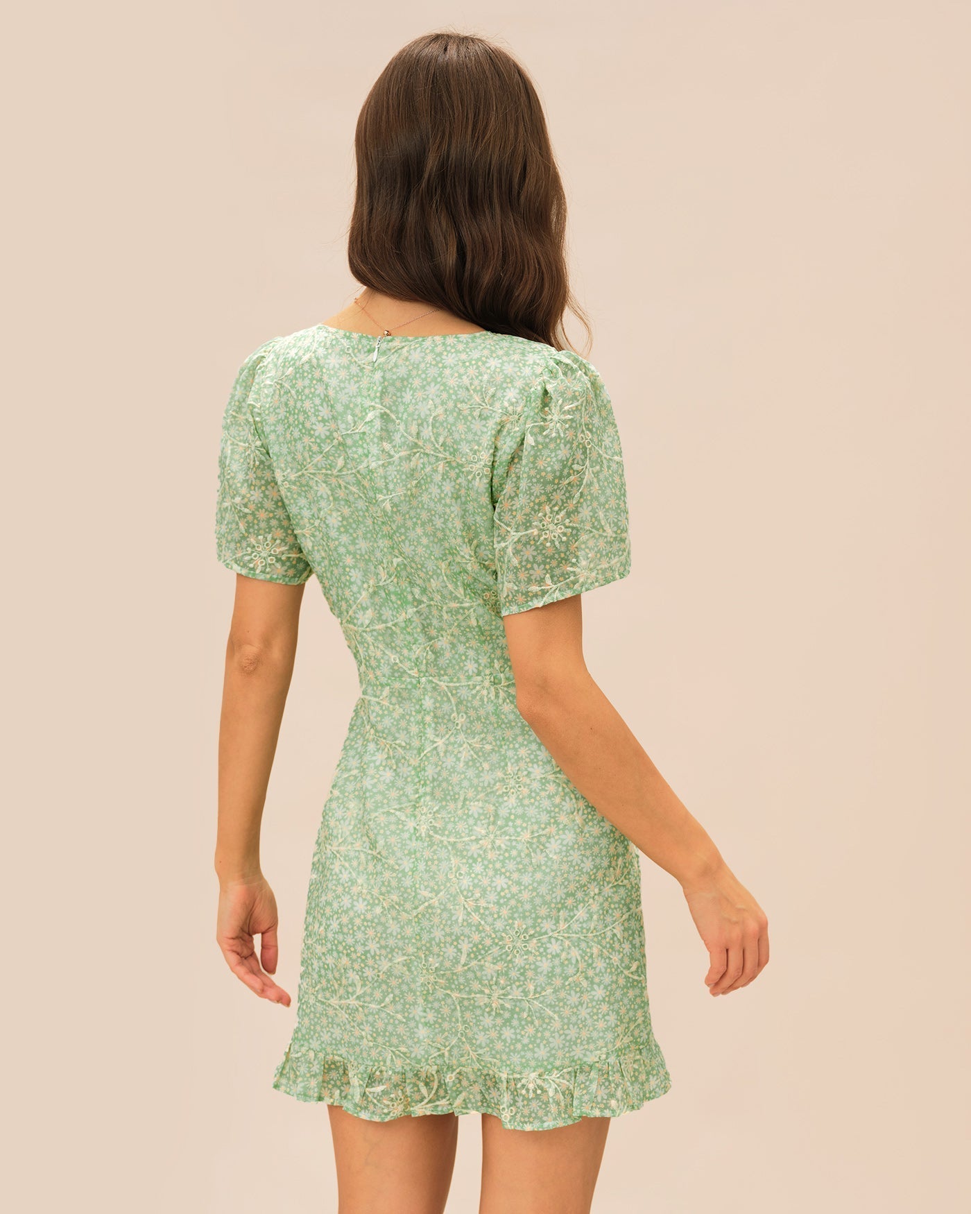 Green V Neck Floral Mini Dress
