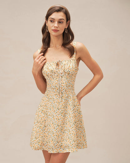 Yellow Floral Strap Mini Dress