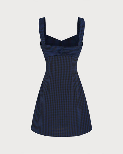 Blue Sweetheart Neck Plaid Mini Dress