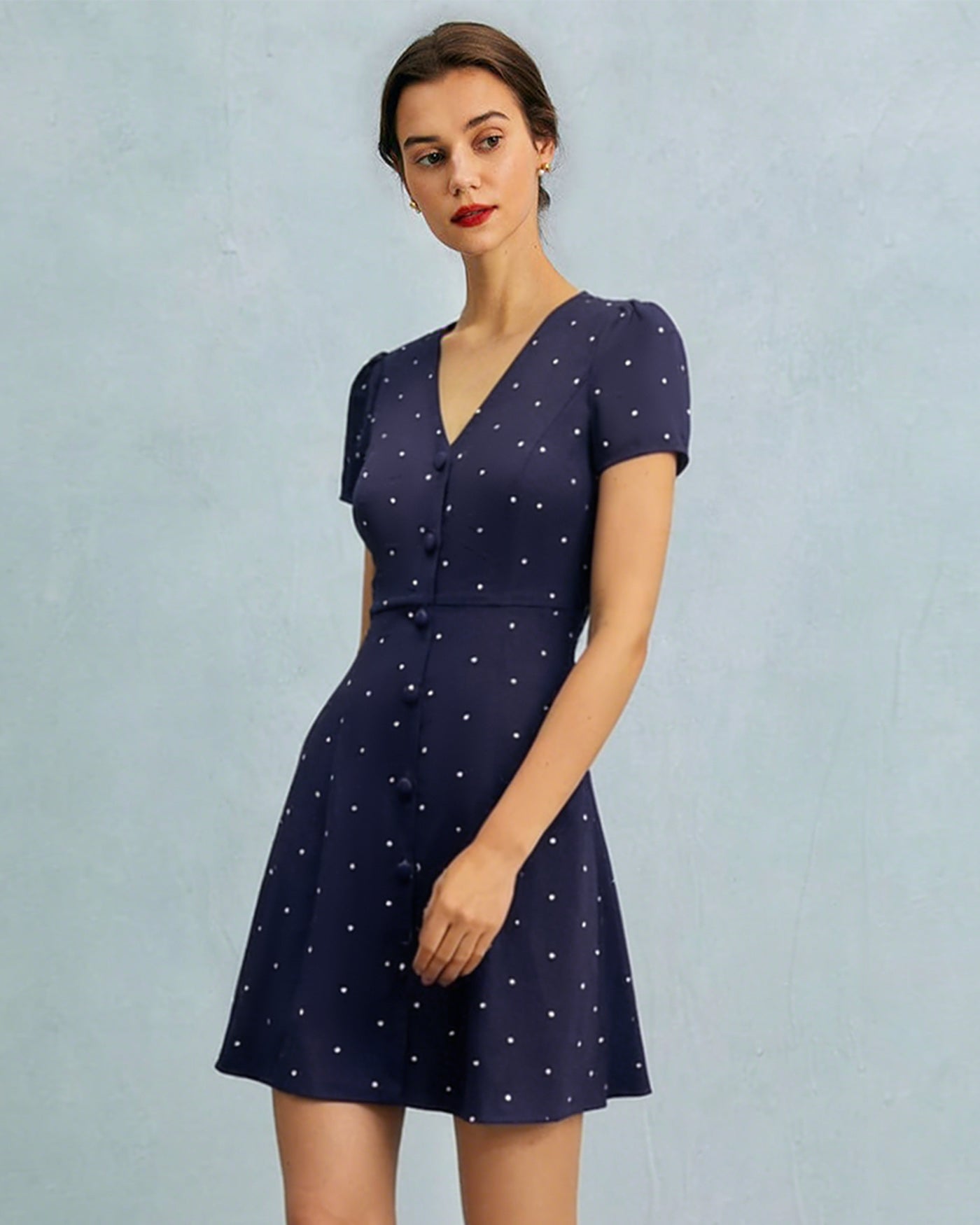 Blue V Neck Polka Dot Button Mini Dress