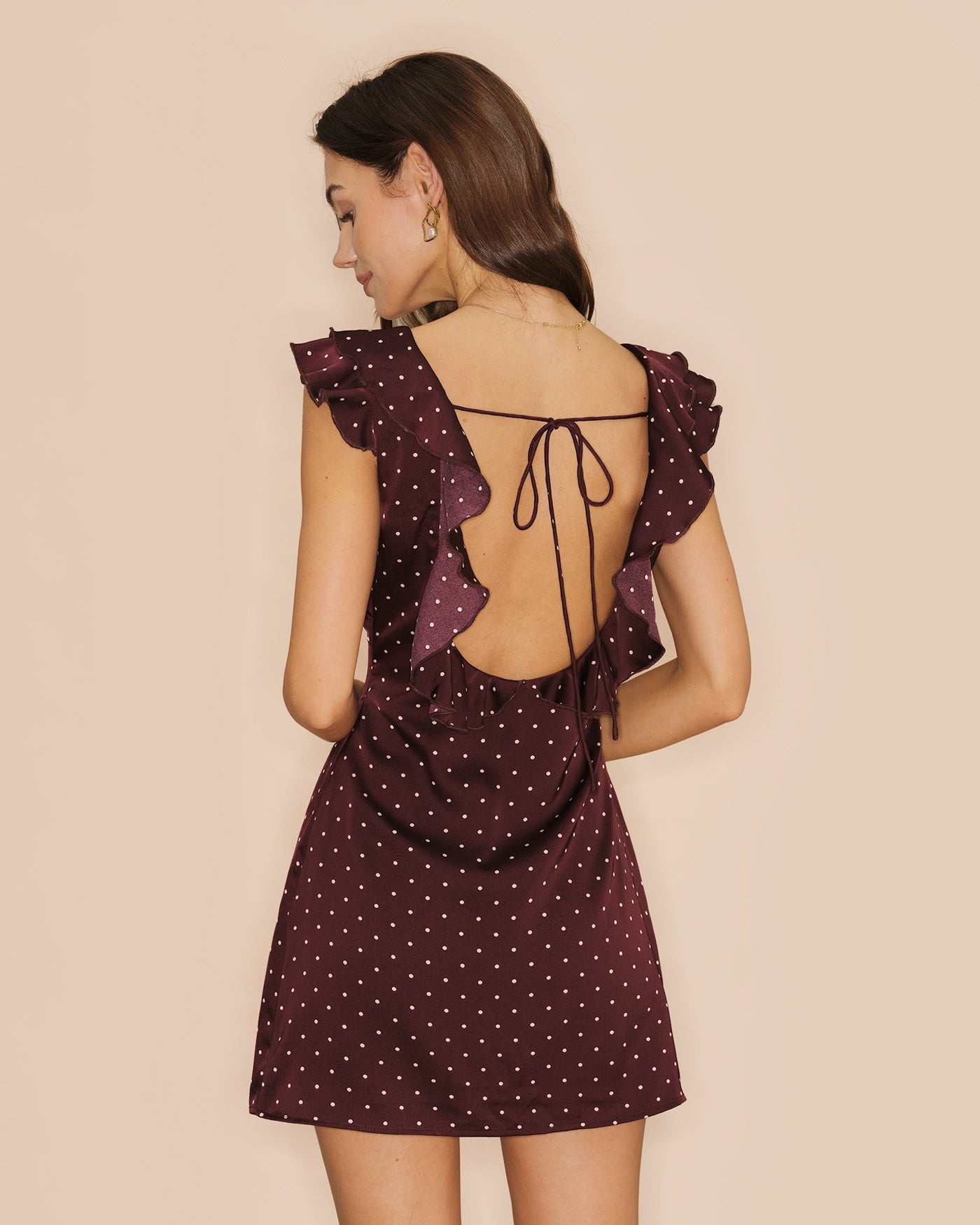 Purple V Neck Polka Dot Satin Mini Dress