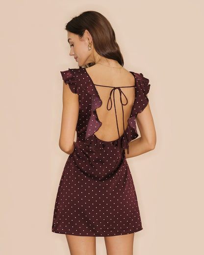 Purple V Neck Polka Dot Satin Mini Dress