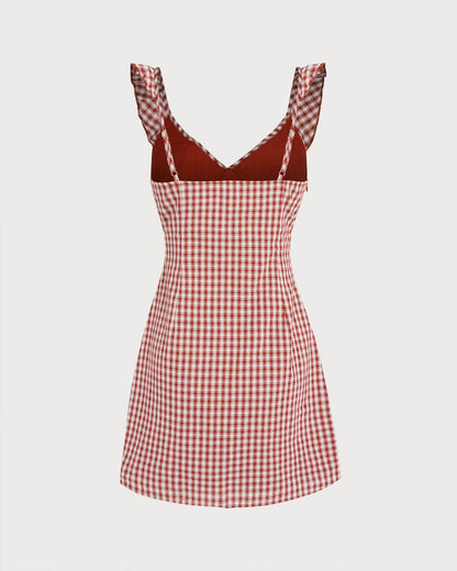 Red V Neck Plaid Slip Mini Dress