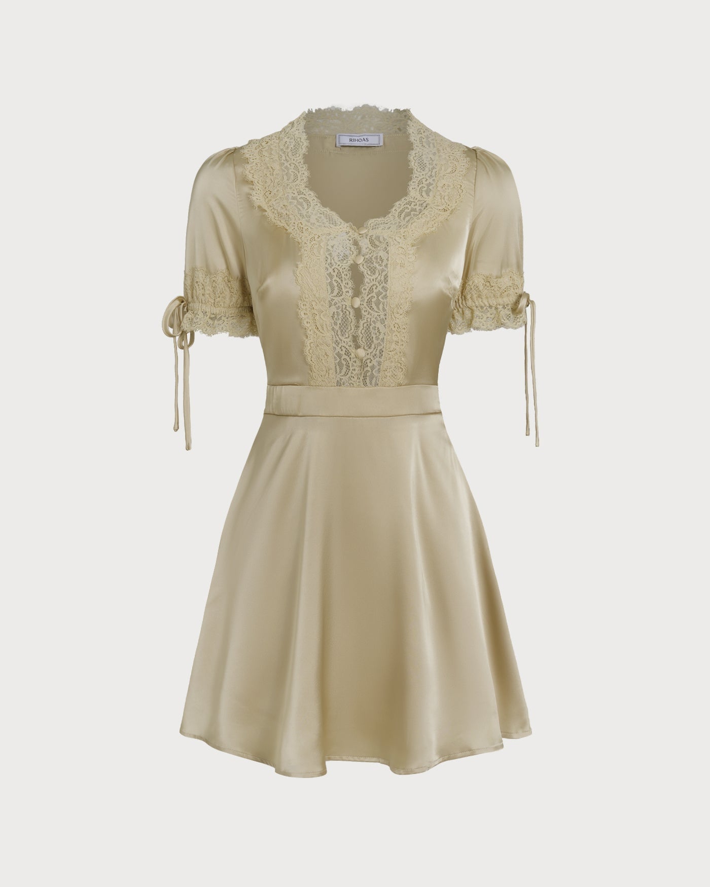 Apricot V Neck Lace Satin Mini Dress