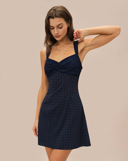 Blue Sweetheart Neck Plaid Mini Dress