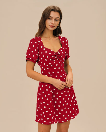 Red Puffed Sleeve Polka Dot Mini Dress