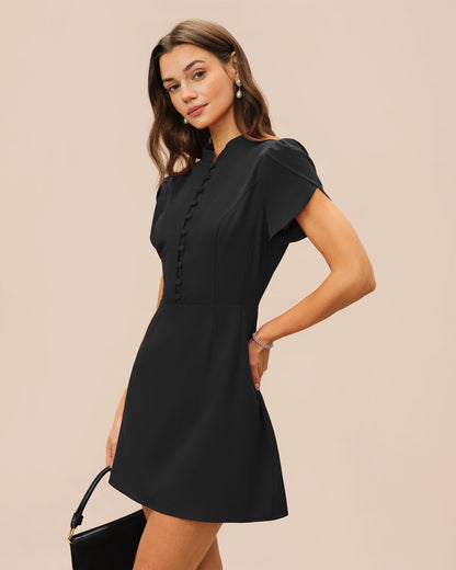Black Mandarin Collar Petal Sleeve Mini Dress