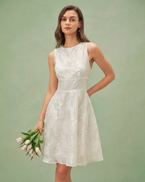 White Round Neck Jacquard Mini Dress