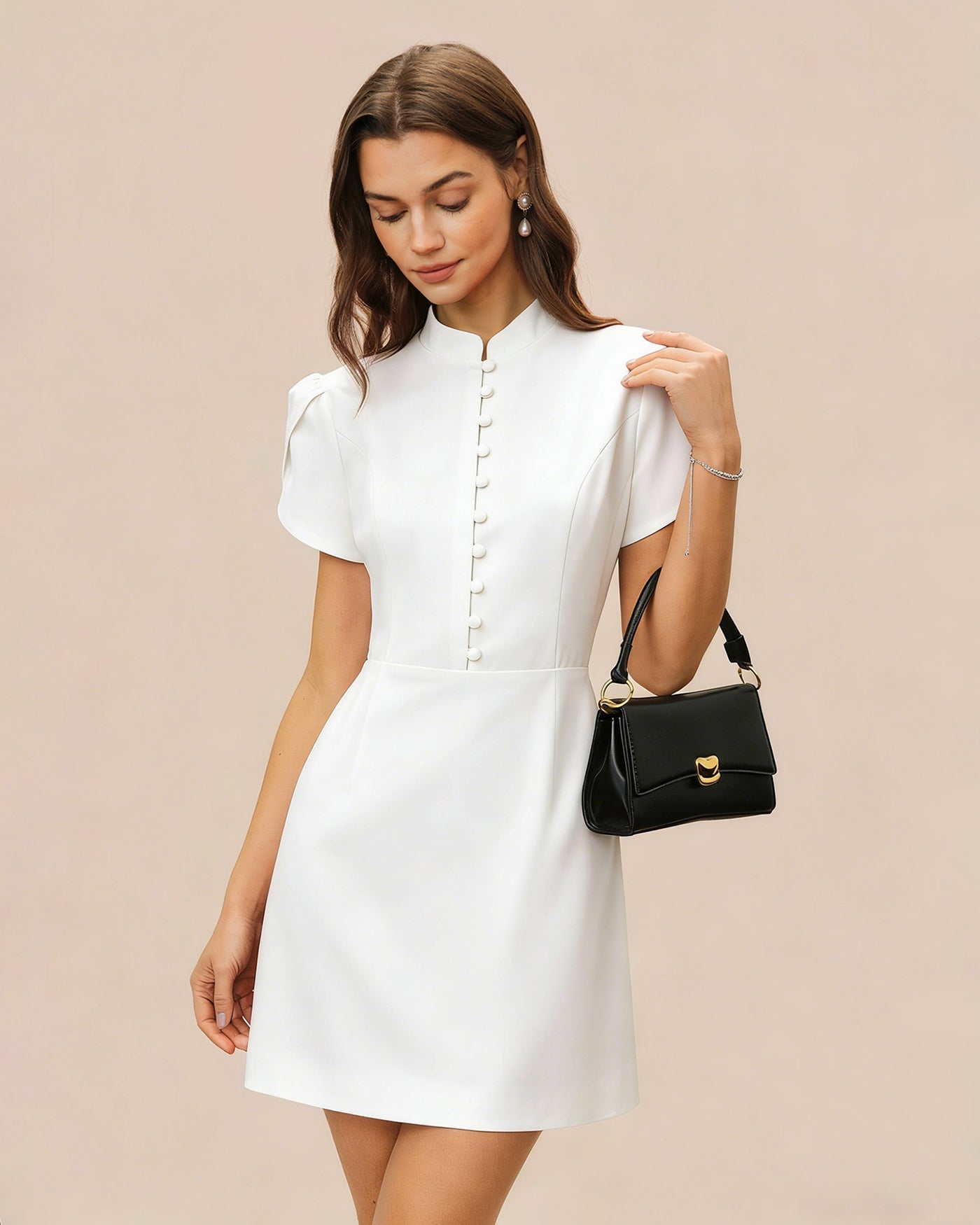 White Mandarin Collar Button Mini Dress
