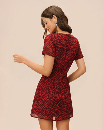Red Boat Neck Floral Mini Dress