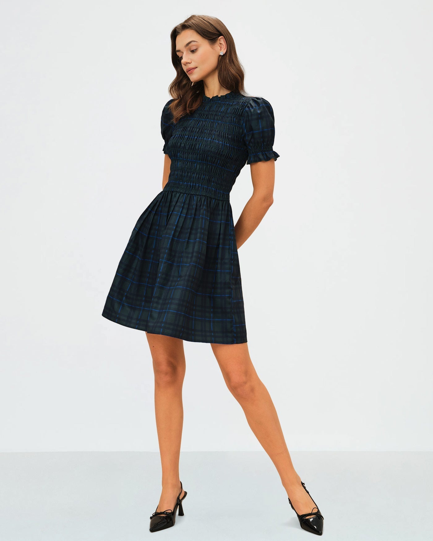 Green Plaid Puffed Sleeve Mini Dress