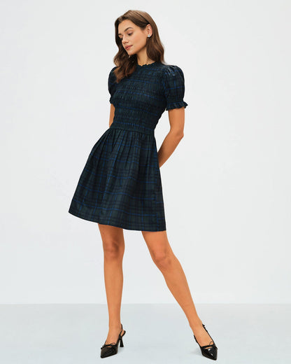 Green Plaid Puffed Sleeve Mini Dress