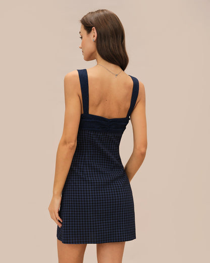 Blue Sweetheart Neck Plaid Mini Dress