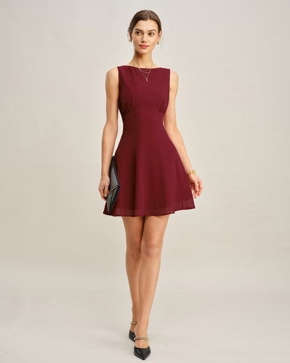 Wine Red Boat Neck Pleated Mini Dress