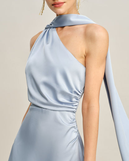 Blue One Shoulder Satin Mini Dress