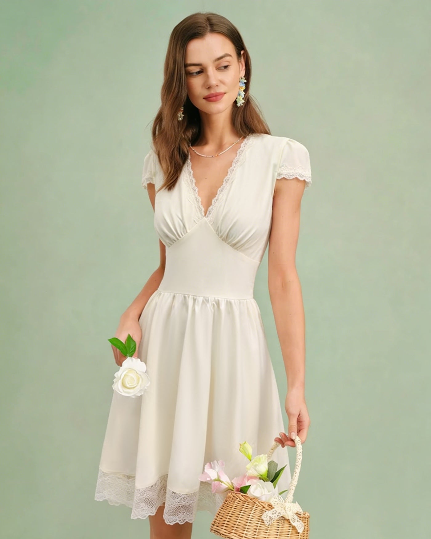 Apricot V Neck Lace Splicing Mini Dress
