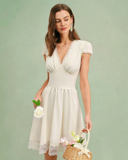 Apricot V Neck Lace Splicing Mini Dress