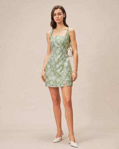 Green Square Neck Slit Floral Mini Dress
