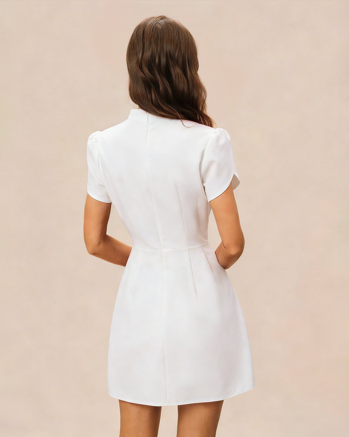 White Mandarin Collar Button Mini Dress